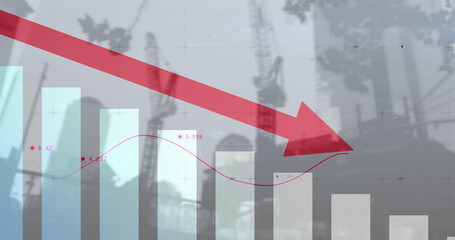 Image of financial data processing with red arrow descending over construction site