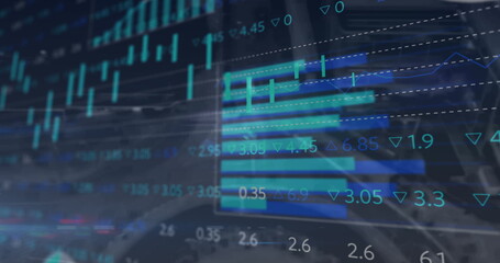 Image of financial data processing over cityscape