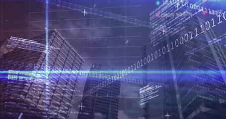 Image of financial data processing and binary coding over modern office buildings