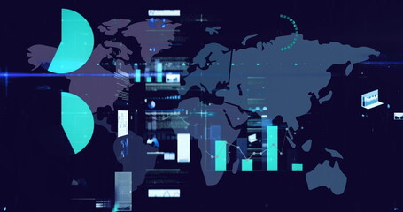 Obraz premium Digital image of digital interface with data processing against world map on blue background