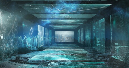 Digital composite image of screens with data processing against cityscape