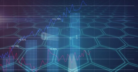 Image of red lines and financial data processing over hexagons
