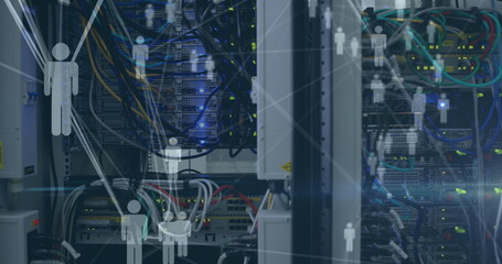 Image of network of connections with people icons over computer server
