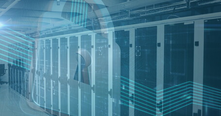 Image of online security padlock icon over room with computer servers