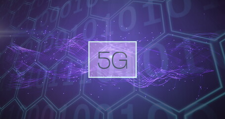 Image of 5g text over binary coding and purple hexagons