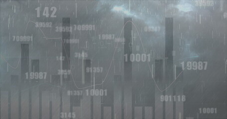 Image of financial data processing and statistics recording with numbers changing