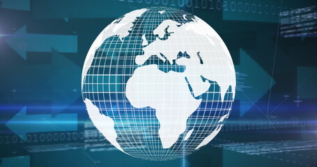 Image of financial data processing over arrows and globe spinning