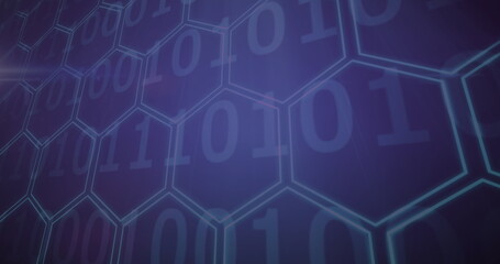 Image of 5g text over binary coding and purple hexagons