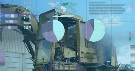 Financial data processing against crane in urban industrial site