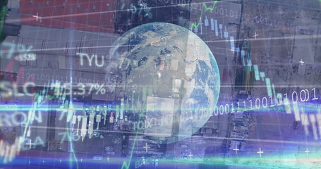 Financial data processing over globe against urban industrial site