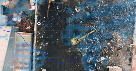 Financial data processing over world map against urban industrial site