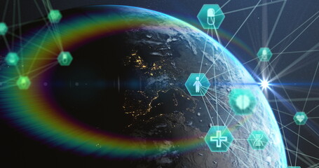 Network of connection icons against globe spinning