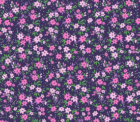 Cute floral pattern in the small flowers. Seamless vector texture. Elegant template for fashion prints. Printing with small pink and purple flowers. Violet background.