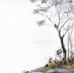 Watercolor landscape. Trees by the lake