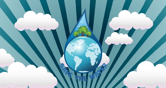 Composition of save the water text and globe in water droplet over blue sky and clouds