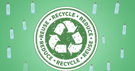 Composition of recycling text and logo with plastic bottles on green background