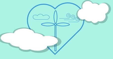 Composition of windmill and heart logo over blue sky and clouds