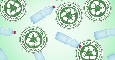 Composition of plastic bottles and recycling text and logo on green background