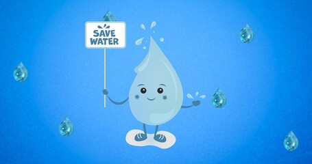 Composition of save water text on placard held by water drop, with droplets on blue background