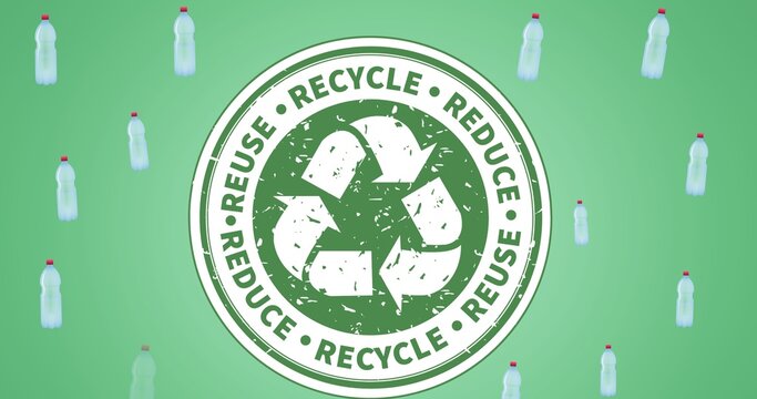 Composition of recycling text and logo with plastic bottles on green background
