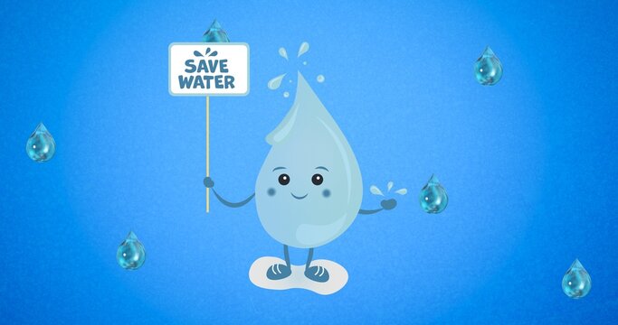 Composition of save water text on placard held by water drop, with droplets on blue background