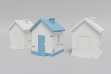 Minimalist simple small cute houses isolated on a gray background. Real estate abstract concept. Cartoon style 3D render