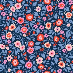 Gardinen Blumen Muster  Vintage floral background. Floral pattern with small colorful flowers on a blue background. Seamless pattern for design and fashion prints. Ditsy style. Stock vector illustration.  © ann_and_pen