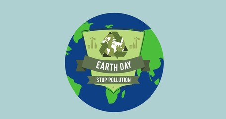 Composition of earth day text and global recycling logo over globe on blue background