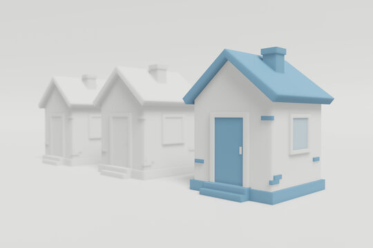 Minimalist simple small cute houses isolated on a white background. Real estate abstract concept. Cartoon style 3D render