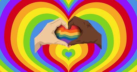 Caucasian and african american hands making heart sign over rainbow hearts background