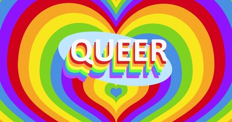 Queer text over rainbow hearts background