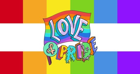 Rainbow love and pride text on flag over rainbow stripes background