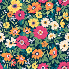 Seamless vector floral pattern. Liberty background of bright colorful realistic flowers. Print with bouquets of flowers from the garden. Bright yellow and pink chrysanthemums on a blue background.