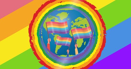 People holding rainbow flags over globe over rainbow stripes