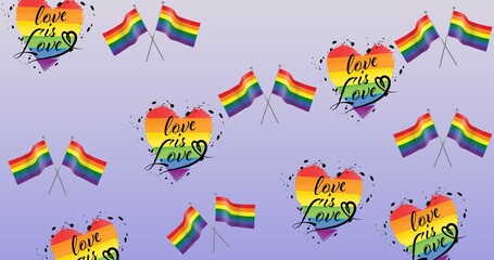 Fototapeta na wymiar Love is love text on heart and rainbow flags on purple background