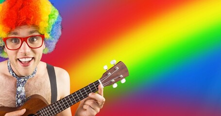 Animation of geek playing guitar wearing rainbow color wig over rainbow