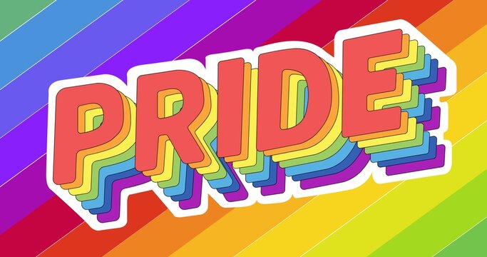 Pride text with rainbow colors over rainbow stripes background