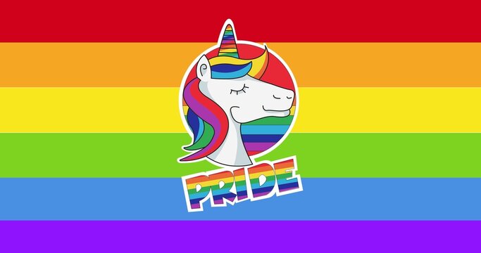 Pride text with unicorn over rainbow stripes background