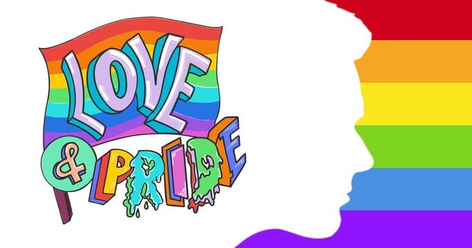 Love and pride text over humans head profile over rainbow stripes background