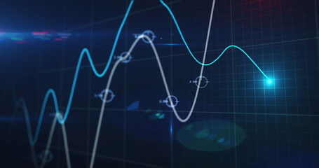 Image of 5g text with scopes spinning over lines financial data processing