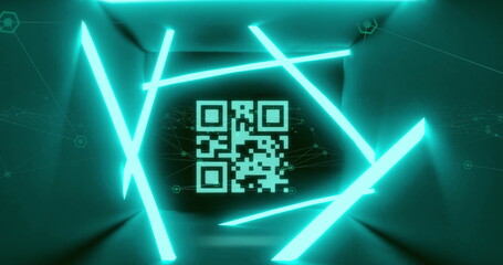 Image of qr code glowing with blue neon stripes over blue background