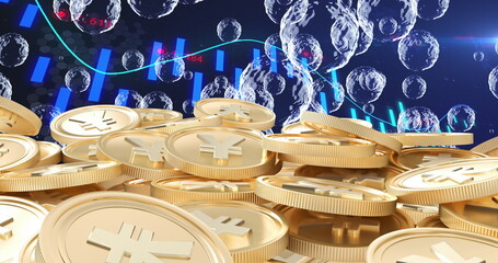 Multiple bubbles floating against gold coins against financial data processing