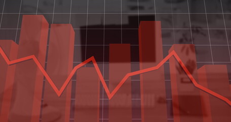 Red graph moving over statistical data processing and grid network against empty office