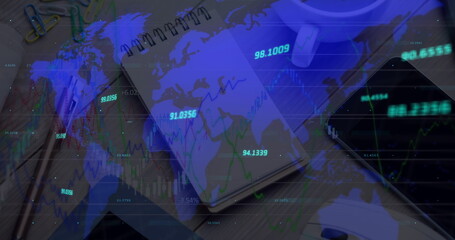 Image of numbers changing and data processing over world map