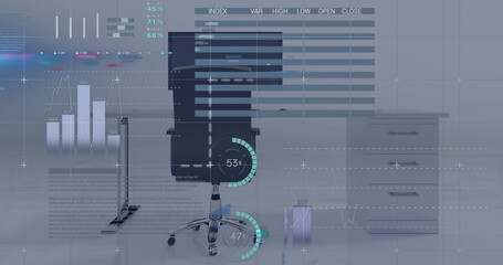 Digital composite image of statistical and financial data processing against empty office