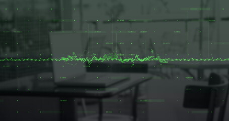 Digital composite image of green graphs over financial data processing against empty office