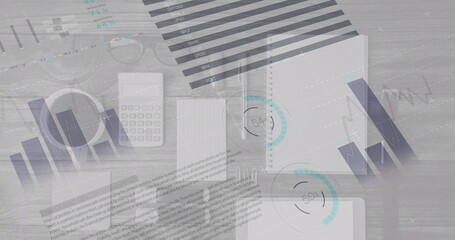 Digital composite image of statistical data processing against office equipment on desk