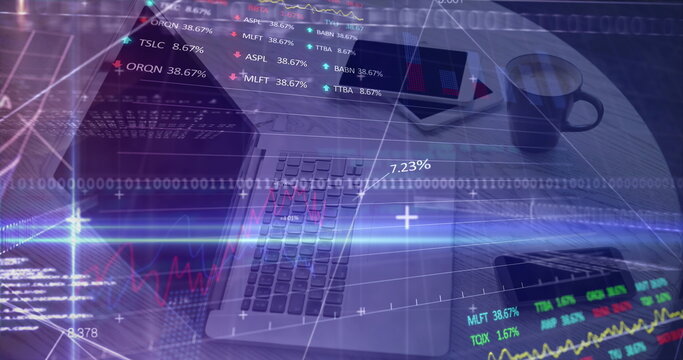 Digital composite image of financial data processing against office equipment on desk