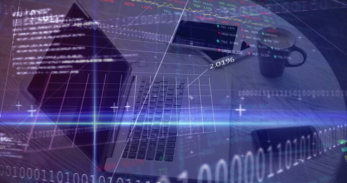 Digital composite image of financial data processing against office equipment on desk - Powered by Adobe