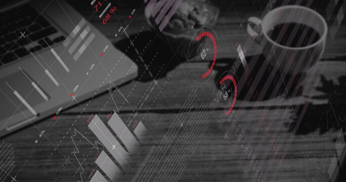 Digital composite image of statistical data processing against office equipment on desk
